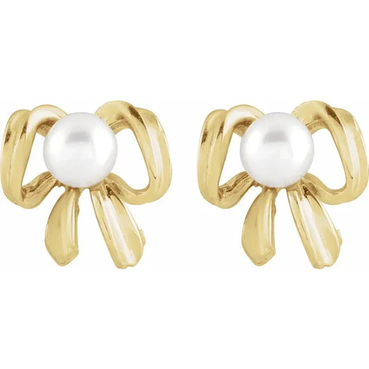 14K Gold Pearl Bow Earrings